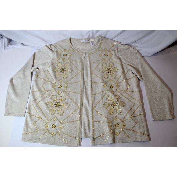 Alfred Dunner 2 in 1 Sweater Beige Gold Sequins Beaded Open Front Women's 1X - Picture 2 of 11